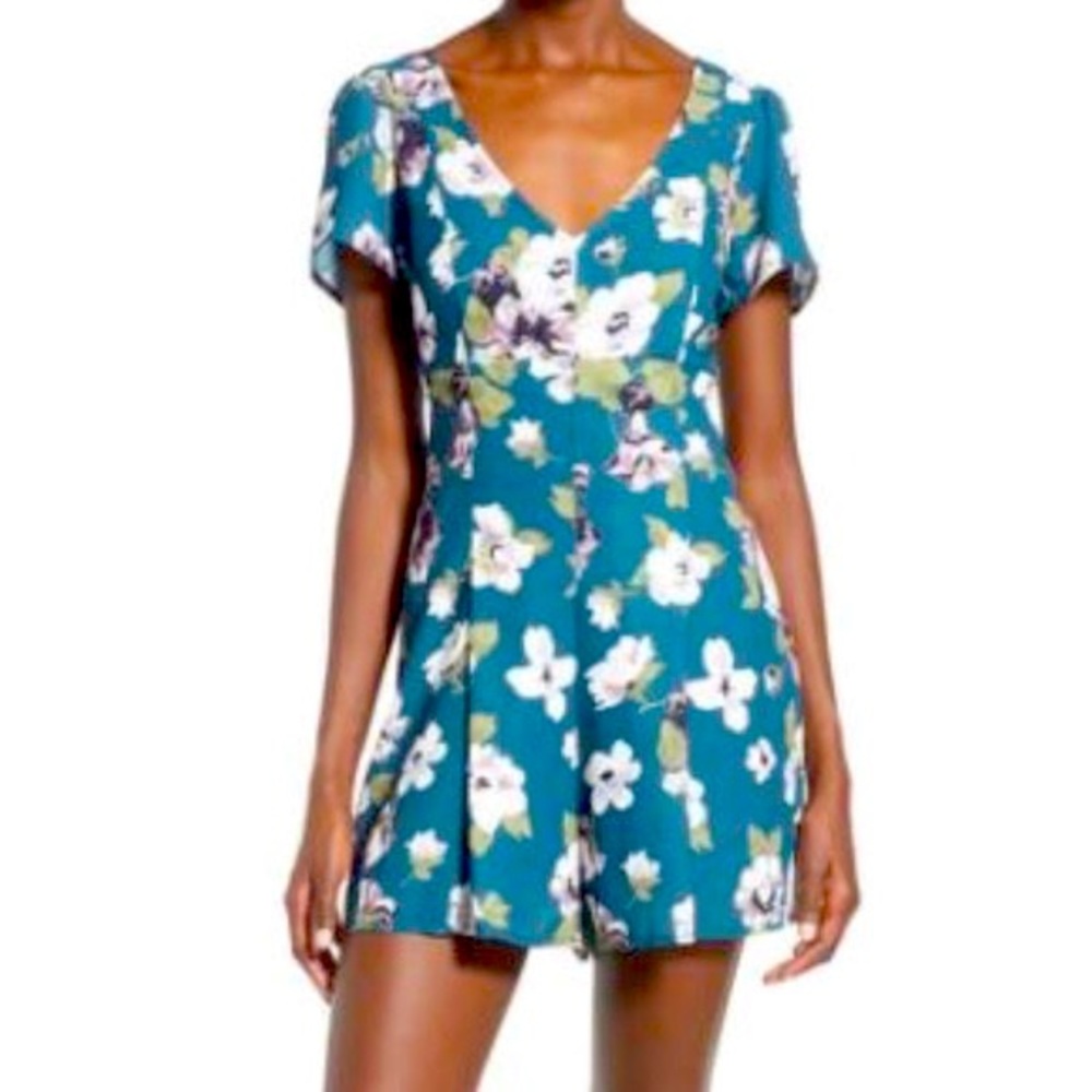 Leith Teal Floral Romper w/ Back Bow Tie from Anthropologie Size Large NWOT